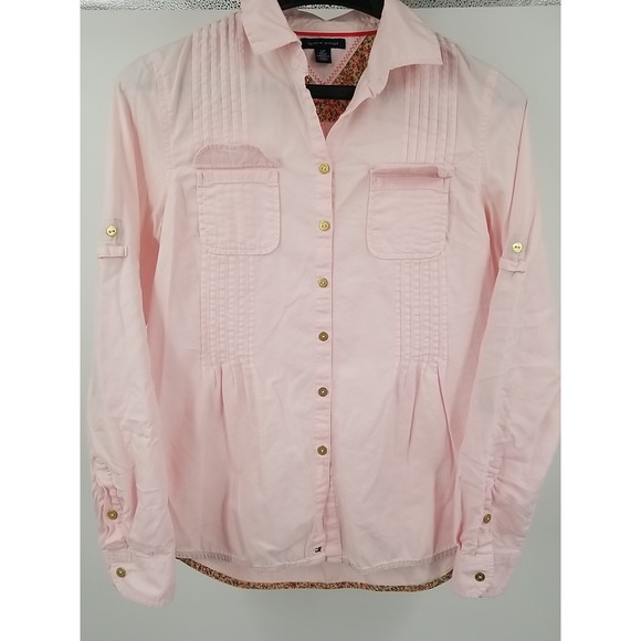 Tommy‎ Hilfiger Womens Pink Roll-Tab Long Sleeve Button Up Pleated Top - Picture 2 of 7